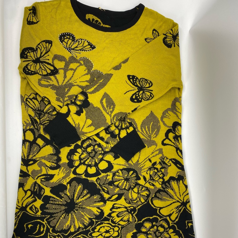 Gu Chino Women Sweater Dress Small Green Black Floral NWT